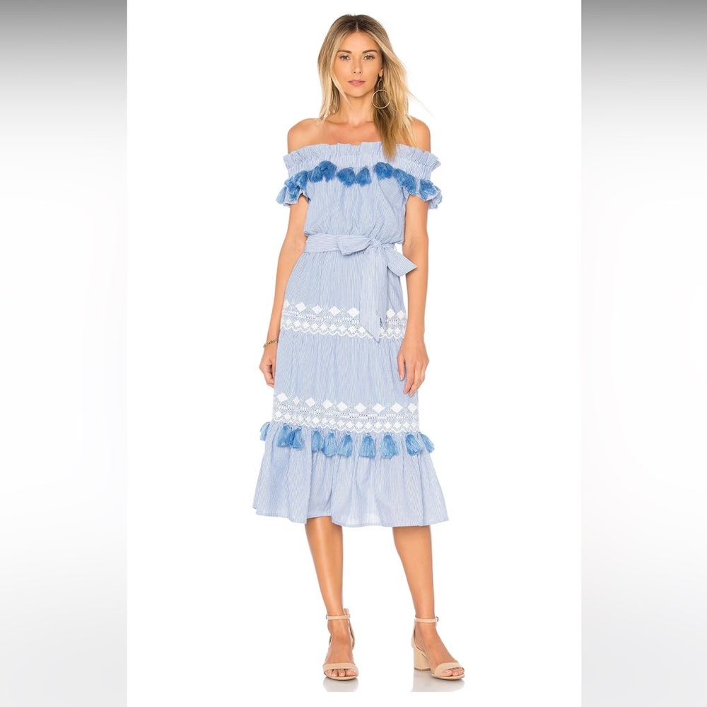 NWT✨Tularosa off-shoulder tassel midi dress. Blue/white. Size small